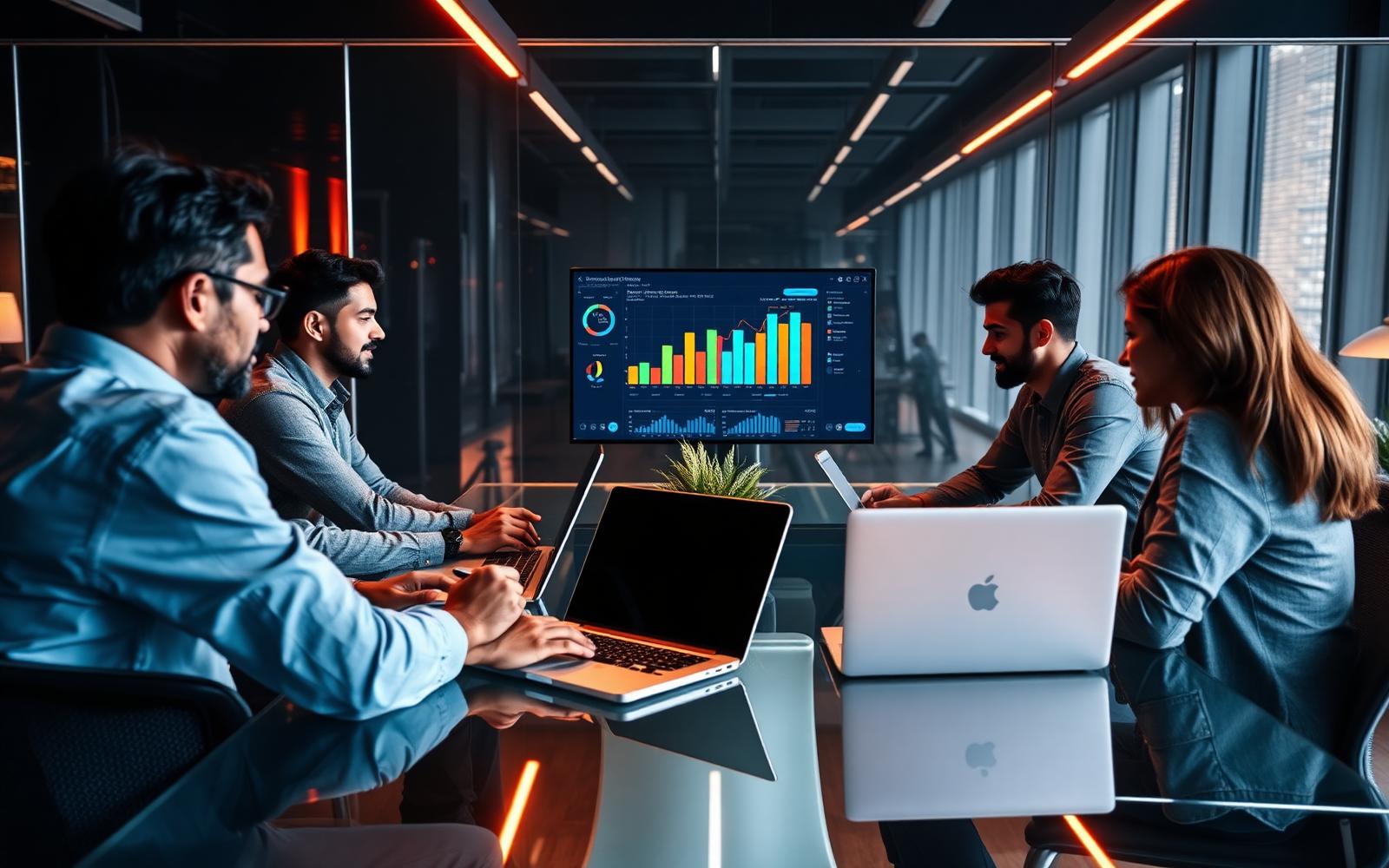 BrandKemy digital marketing team reviewing campaign performance dashboards in a modern office